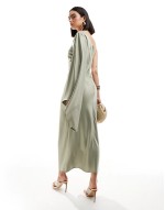one shoulder long sved satin dress in light khaki