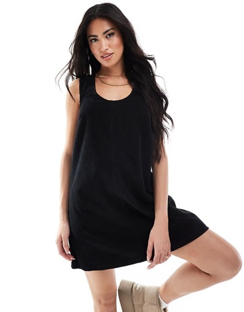 cord patch pocket pinny dress in black