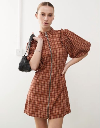 puff sve mini dress with zip detail in red check