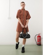 puff sve mini dress with zip detail in red check