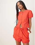 frill detail top & shorts co-ord in red