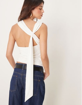 polyamide slash neck top with back drape detail in ivory