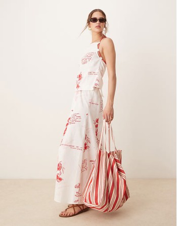 drawstring waist co-ord maxi skirt in red print