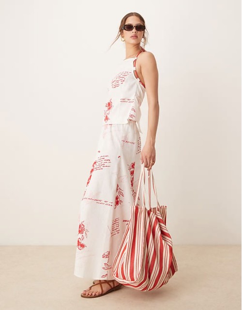 drawstring waist co-ord maxi skirt in red print