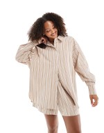 A-line pull on short & relaxed shirt co-ord in brown stripe