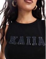denim applique logo longline vest top in black