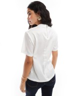 satin t shirt with ribbed neckline in white