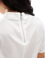 satin t shirt with ribbed neckline in white